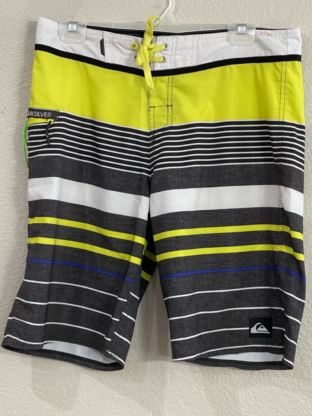 Quiksilver Men’s Neon Yellow, Gray & White Striped Boardshorts